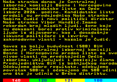114.5 Na�a stranka danas je Centralnoj izbornoj komisiji Bosne i Hercegovine predala kandidatske liste za Op�e izbore 2026. godine. Kandidatske liste predali su predsjednica Na�e stranke Sabina �udi� i novi politi�ki direktor Na�e stranke Vibor Hand�i�.Imamo rekordan broj mladih ljudi, �ene koje su dokazani borci protiv kriminalaca, ljude iz dijaspore, kao i dosada�nje iskusne politi�are iz izvr�ne i zakonodavne vlasti - kazala je �udi�. Savez za bolju budu�nost (SBB) BiH danas je Centralnoj izbornoj komisiji Bosne i Hercegovine predao liste za sve nivoe vlasti na predstoje�im Op�im izborima, uklju�uju�i i poziciju �lana Predsjedni�tva BiH iz bo�nja�kog naroda O�ekujemo dobre rezultate, o�ekujemo povratak SBB-a i o�ekujemo da SBB u�ini ono �to je u�inio u Br�ko distriktu.