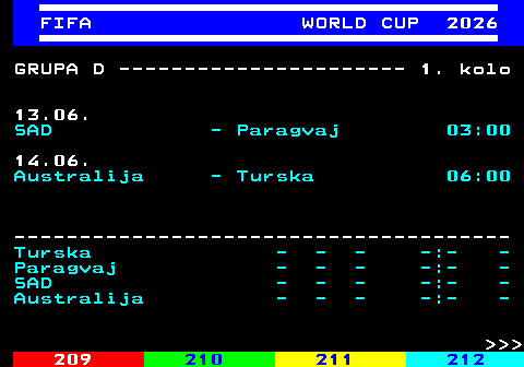 219.4 FIFA WORLD CUP 2026 GRUPA D ---------------------- 1. kolo 13.06. SAD - Paragvaj 03:00 14.06. Australija - Turska 06:00 -------------------------------------- Turska - - - -:- - Paragvaj - - - -:- - SAD - - - -:- - Australija - - - -:- -    