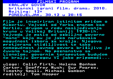 380.27 FILMSKI PROGRAM BIG KILL ameriki igrani film Rejting: 12+ NEDJELJA, 29.12 u 16:10 Novajlija iz Philadelphije, dvojica kockara koji su u bijegu, i smrtonosni svetenik imaju sastanak sa sudbinom u raspadnutom gradic u zvanom Big Kil. uloge: Jason Patric, Lou Diamond Phillips, Christoph Sanders, Scott Martin, Clint Hummel, Danny Trejo, Stephanie Beran reditelj: Scott Martin