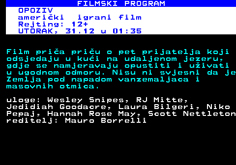 380.31 FILMSKI PROGRAM KRALJEV GOVOR britanski igrani film, drama, 2010. Rejting: 12+ PONEDJELJAK, 30.12 u 20:15 Film je inspiriran istinitom priom o Albertu, Vojvodi od Yorka znanom kao Bertie, drugom u redu nasljeivanja krune u Velikoj Britaniji 1930-ih. Vojvoda je patio od ozbiljne govorne  mane  koja mu je jako naruavala mogunost izbora za kralja. Njegova pretjerana stidiljivost te tako nemogunost javnog govora briljivo je uvana tajnom. No poznanstvo sa Lionelom, govornim terapeutom buduem e kralju Gerogeu VI jako pripomoi... uloge: Colin Firth, Helena Bonham Carter, Geoffrey Rush, Guy Pearce, Timothy Spall, Michael Gambon reditelj: Tom Hooper