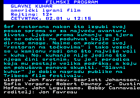 380.38 FILMSKI PROGRAM AROLIJA NA MJESEINI ameriki igrani film Rejting: 12+ SRIJEDA, 01.01 u 17:45 Stanley je slavni magiar. Nastupa pod imenom Wei Ling, maskiran kao Kinez. Njegove predstave pune dvorane. Kad nastupa, ali i u privatnom ivotu, Stanley je bahat, umiljen i tvrdoglav. Jedno od njegovih najvrih uvjerenja jeste da ne postoji metafiziko ni nadnaravno, da postoji samo ono to vidimo... uloge: Colin Firth, Emma Stone, Marcia Gay Harden, Antonia Clarke, Natasha Andrews, Simon McBurney, Catherine McCormack reditelj: Woody Allen