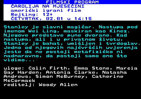 380.39 FILMSKI PROGRAM GLAVNI KUHAR ameriki igrani film Rejting: 12+ SRIJEDA, 01.01 u 20:15 ef restorana nakon to izgubi svoj posao sprema se za najveu avanturu ivota. Ljubav prema kuhanju ga tjera da se odvai na poduhvat kojim je dirnuo mnoge. Naime on pokree svoj  restoran na tokovima  i tako vozei se u kamionu radi ono to najvie voli - kuha. No, kuhanje nije jedino to njega ini sretnim, tu je i porodica koja mu postaje velika podrka, a koju on pokuava ponovo skupiti... uloge: Jon Favreau, Scarlett Johansson, Sofia Vergara, Robert Downey Jr. Dustin Hofman, John Leguizamo, Bobby Cannavale reditelj: Jon Favreau