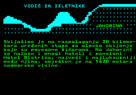 447.6                                                         JAHORINA                                                                        Skijaima je na raspolaganju 20 kilome- tara ureenih staza za alpsko skijanje koje su povezane iarama. Na Jahorini se nalaze i mnogi hoteli i pansioni. Hotel Bistrica, najvei i najluksuzniji meu njima, smjeten je na 1620 metara nadmorske visine.