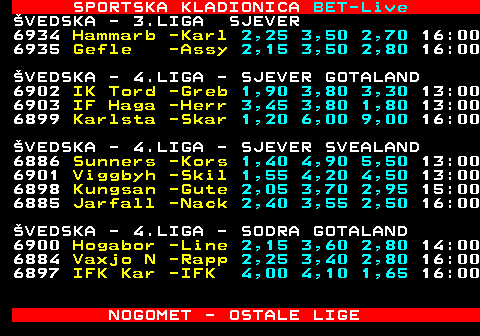 472.22 SPORTSKA KLADIONICA BET-Live VEDSKA - 3.LIGA SJEVER 6934 Hammarb -Karl 2,25 3,50 2,70 16:00 6935 Gefle -Assy 2,15 3,50 2,80 16:00 VEDSKA - 4.LIGA - SJEVER GOTALAND 6902 IK Tord -Greb 1,90 3,80 3,30 13:00 6903 IF Haga -Herr 3,45 3,80 1,80 13:00 6899 Karlsta -Skar 1,20 6,00 9,00 16:00 VEDSKA - 4.LIGA - SJEVER SVEALAND 6886 Sunners -Kors 1,40 4,90 5,50 13:00 6901 Viggbyh -Skil 1,55 4,20 4,50 13:00 6898 Kungsan -Gute 2,05 3,70 2,95 15:00 6885 Jarfall -Nack 2,40 3,55 2,50 16:00 VEDSKA - 4.LIGA - SODRA GOTALAND 6900 Hogabor -Line 2,15 3,60 2,80 14:00 6884 Vaxjo N -Rapp 2,25 3,40 2,80 16:00 6897 IFK Kar -IFK 4,00 4,10 1,65 16:00 NOGOMET - OSTALE LIGE