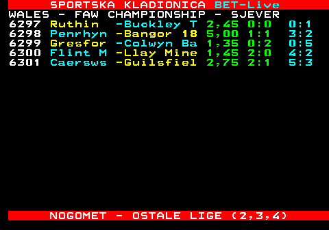 473.32 SPORTSKA KLADIONICA BET-Live WALES - FAW CHAMPIONSHIP - SJEVER 6297 Ruthin -Buckley T 2,45 0:0 0:1 6298 Penrhyn -Bangor 18 5,00 1:1 3:2 6299 Gresfor -Colwyn Ba 1,35 0:2 0:5 6300 Flint M -Llay Mine 1,45 2:0 4:2 6301 Caersws -Guilsfiel 2,75 2:1 5:3 NOGOMET - OSTALE LIGE (2,3,4)