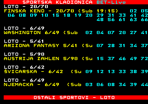 474.15 SPORTSKA KLADIONICA BET-Live LOTO - 6 42 VICARSKA - 6 42 (Sub 17:00) 17:00 LOTO - 6 49 NJEMACKA - 6 49 (Sub 18:25) 18:25 LOTO - 6 45 BELGIJA - 6 45 (Sub 19:00) 19:00 LOTO - 6 49 QUEBEC (Sub 23:55) 23:55 LOTO - 6 47 IRSKA - 6 47 (Sub 20:00) 20:00 LOTO - 5 90 MAARSKA - 5 90 (Sub 17:30) 17:30 NFL 6997 Kansas -Houston 1,55 2,55 19:00 6996 Baltimo -Pittsburg 1,30 3,55 22:30 OSTALI SPORTOVI - LOTO