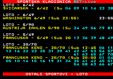 474.18 SPORTSKA KLADIONICA BET-Live LOTO - 20 70 FRANCUSKA KENO - 20 70 (Sub 12:45 06 11 12 16 22 23 25 31 39 41 42 47 53 54 57 61 63 65 67 70 FRANCUSKA KENO - 20 70 (Sub 20:00 20:00 LOTO - 20 80 NEW YORK  PICK 10  - 20 80 (Sub 2 23:55 LOTO - 20 70 FINSKA KENO - 20 70 (Sub 13:15) 03 04 07 10 11 15 17 18 23 25 27 38 46 47 51 52 60 62 64 70 FINSKA KENO - 20 70 (Sub 19:15) 19:15 LOTO - 5 31 WISCONSIN  BADGER 5  - 5 31 (Sub 23:55 KANADA - CFL 5990 Saskatc -Calgary 22:00 6974 Hamilto -Ottawa 1,45 2,95 01:00 OSTALI SPORTOVI - LOTO