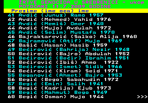 593.3 RTVE GENOCIDA U SREBRENICI - ukop POTOARI 11.7.2009.GODINE Prezime (ime oca) ime 41 Avdi (Junuz) Ramo 1957 42 Avdi (Mehmed) Vahid 1976 43 Avdi (Memi) Omer 1940 44 Avdi (Mujo) Avdulah 1972 45 Avdi (Selim) Mustafa 1970 46 Bajraktarevi (Salko) Alija 1960 47 Bajramovi (Atif) Mujo 1969 48 Bai (Hasan) Hasib 1959 49 Beirovi (Bahrija) Nezir 1948 50 Beirovi (Bajro) Abdulah 1952 51 Beirovi (Beir) Ibrahim 1951 52 Beirovi (Ibi) Ahmo 1922 53 Beirovi (Ismet) Sidik 1966 54 Beirovi (Kiram) Seid 1971 55 Beganovi (Ahmet) Bajro 1953 56 Begi (Bego) Sabahudin 1972 57 Begi (Emin) Salih 1941 58 Begi (Kadrija) Ejub 1973 59 Begi (Mahmut) Bego 1949 60 Begi (Osman) Mujo 1944    