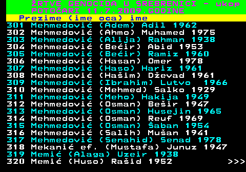 593.16 RTVE GENOCIDA U SREBRENICI - ukop POTOARI 11.7.2009.GODINE Prezime (ime oca) ime 301 Mehmedovi (Adem) Adil 1962 302 Mehmedovi (Ahmo) Muhamed 1975 303 Mehmedovi (Alija) Rahman 1938 304 Mehmedovi (Beir) Abid 1953 305 Mehmedovi (Beir) Ramiz 1960 306 Mehmedovi (Hasan) Omer 1978 307 Mehmedovi (Haso) Hariz 1961 308 Mehmedovi (Haim) Devad 1961 309 Mehmedovi (Ibrahim) Lutvo 1966 310 Mehmedovi (Mehmed) Salko 1929 311 Mehmedovi (Meho) Hakija 1949 312 Mehmedovi (Osman) Beir 1947 313 Mehmedovi (Osman) Husejin 1965 314 Mehmedovi (Osman) Reuf 1969 315 Mehmedovi (Osman) aban 1954 316 Mehmedovi (Salih) Muan 1941 317 Mehmedovi (Senahid) Senad 1978 318 Mekani ef. (Mustafa) Junuz 1947 319 Memi (Alaga) Uzeir 1938 320 Memi (Huso) Raid 1952    