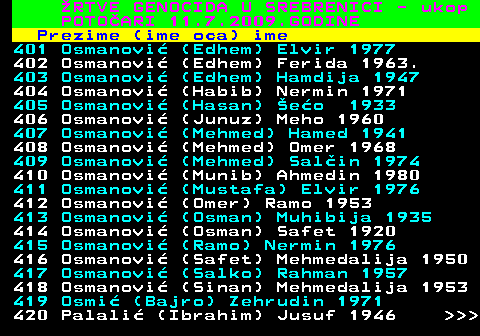 593.21 RTVE GENOCIDA U SREBRENICI - ukop POTOARI 11.7.2009.GODINE Prezime (ime oca) ime 401 Osmanovi (Edhem) Elvir 1977 402 Osmanovi (Edhem) Ferida 1963. 403 Osmanovi (Edhem) Hamdija 1947 404 Osmanovi (Habib) Nermin 1971 405 Osmanovi (Hasan) eo 1933 406 Osmanovi (Junuz) Meho 1960 407 Osmanovi (Mehmed) Hamed 1941 408 Osmanovi (Mehmed) Omer 1968 409 Osmanovi (Mehmed) Salin 1974 410 Osmanovi (Munib) Ahmedin 1980 411 Osmanovi (Mustafa) Elvir 1976 412 Osmanovi (Omer) Ramo 1953 413 Osmanovi (Osman) Muhibija 1935 414 Osmanovi (Osman) Safet 1920 415 Osmanovi (Ramo) Nermin 1976 416 Osmanovi (Safet) Mehmedalija 1950 417 Osmanovi (Salko) Rahman 1957 418 Osmanovi (Sinan) Mehmedalija 1953 419 Osmi (Bajro) Zehrudin 1971 420 Palali (Ibrahim) Jusuf 1946    