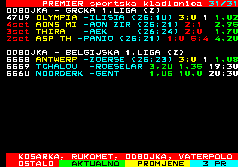 668.31 PREMIER sportska kladionica 31 31 ODBOJKA - GRCKA 1.LIGA (Z) 2set OLYMPIA -ILISIAK (25:10) 1:0 1,02 4712 AONS MIL -AON ZIRI 2,95 1,40 17:30 4710 THIRA -AEK 1,70 2,15 18:00 4711 ASP THET -PANIONIO 4,20 1,22 18:30 ODBOJKA - BELGIJSKA 1.LIGA (Z) 1set ANTWER -ZOERS (-:-) 0:0 23:21 5559 TCHALOU -ROESELAR 3,20 1,35 19:30 5560 NOORDERK -GENT 1,05 10,0 20:30 KOSARKA, RUKOMET, ODBOJKA, VATERPOLO
