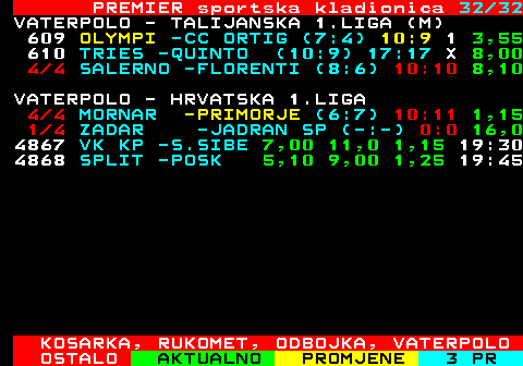 668.32 PREMIER sportska kladionica 32 32 VATERPOLO - TALIJANSKA 1.LIGA (M) 609 OLYMPI -CC ORTIG (7:4) 10:9 1 3,55 2 4 TRIESTE -QUINTO (2:4) 8:7 1,35 1 4 SALERNO -FLORENTIA (-:-) 0:0 8,10 VATERPOLO - HRVATSKA 1.LIGA 1 4 MORNAR -PRIMORJE (-:-) 0:0 11,0 4866 ZADAR -JADRAN 19,0 16,0 1,01 19:00 4867 VK KP -S.SIBE 7,00 11,0 1,15 19:30 4868 SPLIT -POSK 5,10 9,00 1,25 19:45 KOSARKA, RUKOMET, ODBOJKA, VATERPOLO