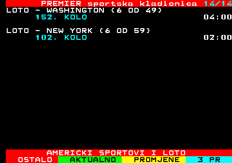 671.14 PREMIER sportska kladionica 14 14 LOTO - WASHINGTON (6 OD 49) 152. KOLO 04:00 LOTO - NEW YORK (6 OD 59) 102. KOLO 02:00 AMERICKI SPORTOVI I LOTO