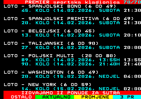 673.70 PREMIER sportska kladionica 70 70 LOTO - SPANJOLSKI BONO (6 OD 49) 45. KOLO (14.02.2026, SUBOTA 21:30 LOTO - SPANJOLSKI PRIMITIVA (6 OD 49) 20. KOLO (14.02.2026, SUBOTA 21:30 LOTO - BELGIJSKI (6 OD 45) 13. KOLO (14.02.2026, SUBOTA 20:10 LOTO - TALIJANSKI (6 OD 90) 27. KOLO (14.02.2026, SUBOTA 20:00 LOTO - POLJSKI MULTI (20 OD 80) 89. KOLO (14.02.2026, 13:55H 13:55 90. KOLO (14.02.2026, 21:40H 21:40 LOTO - WASHINGTON (6 OD 49) 20. KOLO (15.02.2026, NEDJEL 04:00 LOTO - NEW YORK (6 OD 59) 14. KOLO (15.02.2026, NEDJEL 02:00 IZDVAJAMO IZ PONUDE ZA SUTRA