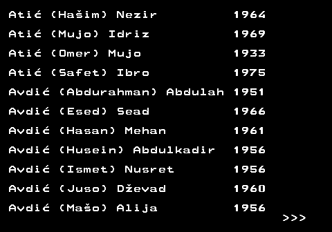 712.5 Ati� (Ha�im) Nezir 1964 Ati� (Mujo) Idriz 1969 Ati� (Omer) Mujo 1933 Ati� (Safet) Ibro 1975 Avdi� (Abdurahman) Abdulah 1951 Avdi� (Esed) Sead 1966 Avdi� (Hasan) Mehan 1961 Avdi� (Husein) Abdulkadir 1956 Avdi� (Ismet) Nusret 1956 Avdi� (Juso) D�evad 1960 Avdi� (Ma�o) Alija 1956    
