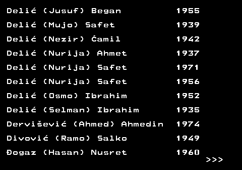 712.11 Deli� (Jusuf) Began 1955 Deli� (Mujo) Safet 1939 Deli� (Nezir) �amil 1942 Deli� (Nurija) Ahmet 1937 Deli� (Nurija) Safet 1971 Deli� (Nurija) Safet 1956 Deli� (Osmo) Ibrahim 1952 Deli� (Selman) Ibrahim 1935 Dervi�evi� (Ahmed) Ahmedin 1974 Divovi� (Ramo) Salko 1949 �ogaz (Hasan) Nusret 1960    