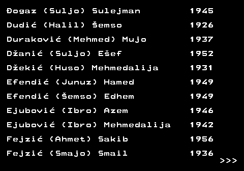 712.12 �ogaz (Suljo) Sulejman 1945 Dudi� (Halil) �emso 1926 Durakovi� (Mehmed) Mujo 1937 D�ani� (Suljo) E�ef 1952 D�eki� (Huso) Mehmedalija 1931 Efendi� (Junuz) Hamed 1949 Efendi� (�emso) Edhem 1949 Ejubovi� (Ibro) Azem 1946 Ejubovi� (Ibro) Mehmedalija 1942 Fejzi� (Ahmet) Sakib 1956 Fejzi� (Smajo) Smail 1936    
