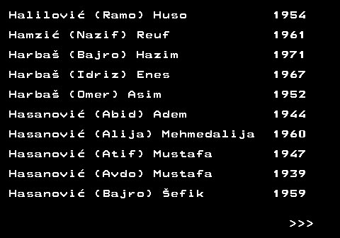 712.16 Halilovi� (Ramo) Huso 1954 Hamzi� (Nazif) Reuf 1961 Harba� (Bajro) Hazim 1971 Harba� (Idriz) Enes 1967 Harba� (Omer) Asim 1952 Hasanovi� (Abid) Adem 1944 Hasanovi� (Alija) Mehmedalija 1960 Hasanovi� (Atif) Mustafa 1947 Hasanovi� (Avdo) Mustafa 1939 Hasanovi� (Bajro) �efik 1959    