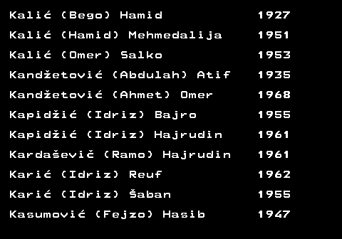 712.27 Kali� (Bego) Hamid 1927 Kali� (Hamid) Mehmedalija 1951 Kali� (Omer) Salko 1953 Kand�etovi� (Abdulah) Atif 1935 Kand�etovi� (Ahmet) Omer 1968 Kapid�i� (Idriz) Bajro 1955 Kapid�i� (Idriz) Hajrudin 1961 Karda�evi� (Ramo) Hajrudin 1961 Kari� (Idriz) Reuf 1962 Kari� (Idriz) �aban 1955 Kasumovi� (Fejzo) Hasib 1947