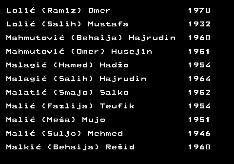 712.29 Loli� (Ramiz) Omer 1970 Loli� (Salih) Mustafa 1932 Mahmutovi� (Behaija) Hajrudin 1960 Mahmutovi� (Omer) Husejin 1951 Malagi� (Hamed) Had�o 1954 Malagi� (Salih) Hajrudin 1964 Malati� (Smajo) Salko 1952 Mali� (Fazlija) Teufik 1954 Mali� (Me�a) Mujo 1951 Mali� (Suljo) Mehmed 1946 Malki� (Behaija) Re�id 1960