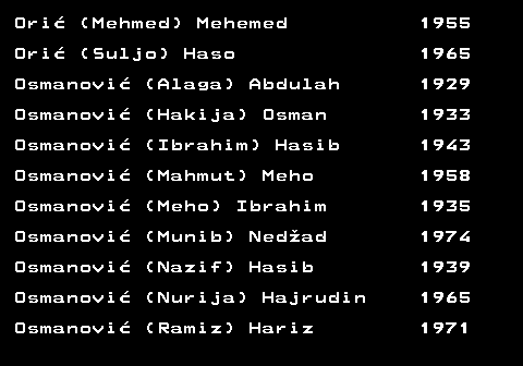 712.40 Ori� (Mehmed) Mehemed 1955 Ori� (Suljo) Haso 1965 Osmanovi� (Alaga) Abdulah 1929 Osmanovi� (Hakija) Osman 1933 Osmanovi� (Ibrahim) Hasib 1943 Osmanovi� (Mahmut) Meho 1958 Osmanovi� (Meho) Ibrahim 1935 Osmanovi� (Munib) Ned�ad 1974 Osmanovi� (Nazif) Hasib 1939 Osmanovi� (Nurija) Hajrudin 1965 Osmanovi� (Ramiz) Hariz 1971
