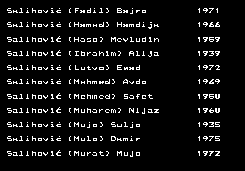 712.44 Salihovi� (Fadil) Bajro 1971 Salihovi� (Hamed) Hamdija 1966 Salihovi� (Haso) Mevludin 1959 Salihovi� (Ibrahim) Alija 1939 Salihovi� (Lutvo) Esad 1972 Salihovi� (Mehmed) Avdo 1949 Salihovi� (Mehmed) Safet 1950 Salihovi� (Muharem) Nijaz 1960 Salihovi� (Mujo) Suljo 1935 Salihovi� (Mulo) Damir 1975 Salihovi� (Murat) Mujo 1972