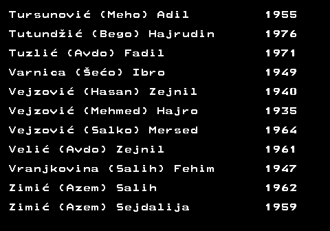 712.51 Tursunovi� (Meho) Adil 1955 Tutund�i� (Bego) Hajrudin 1976 Tuzli� (Avdo) Fadil 1971 Varnica (�e�o) Ibro 1949 Vejzovi� (Hasan) Zejnil 1940 Vejzovi� (Mehmed) Hajro 1935 Vejzovi� (Salko) Mersed 1964 Veli� (Avdo) Zejnil 1961 Vranjkovina (Salih) Fehim 1947 Zimi� (Azem) Salih 1962 Zimi� (Azem) Sejdalija 1959