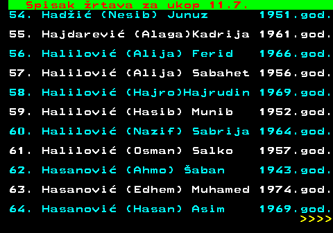 712.59 Spisak �rtava za ukop 11.7. 54. Had�i� (Nesib) Junuz 1951.god. 55. Hajdarevi� (Alaga)Kadrija 1961.god. 56. Halilovi� (Alija) Ferid 1966.god. 57. Halilovi� (Alija) Sabahet 1956.god. 58. Halilovi� (Hajro)Hajrudin 1969.god. 59. Halilovi� (Hasib) Munib 1952.god. 60. Halilovi� (Nazif) Sabrija 1964.god. 61. Halilovi� (Osman) Salko 1957.god. 62. Hasanovi� (Ahmo) �aban 1943.god. 63. Hasanovi� (Edhem) Muhamed 1974.god. 64. Hasanovi� (Hasan) Asim 1969.god.     