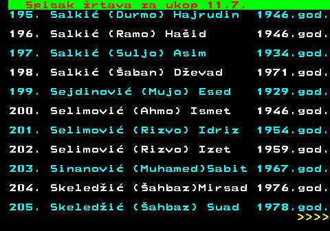 712.72 Spisak �rtava za ukop 11.7. 195. Salki� (Durmo) Hajrudin 1946.god. 196. Salki� (Ramo) Ha�id 1946.god. 197. Salki� (Suljo) Asim 1934.god. 198. Salki� (�aban) D�evad 1971.god. 199. Sejdinovi� (Mujo) Esed 1929.god. 200. Selimovi� (Ahmo) Ismet 1946.god. 201. Selimovi� (Rizvo) Idriz 1954.god. 202. Selimovi� (Rizvo) Izet 1959.god. 203. Sinanovi� (Muhamed)Sabit 1967.god. 204. Skeled�i� (�ahbaz)Mirsad 1976.god. 205. Skeled�i� (�ahbaz) Suad 1978.god.     