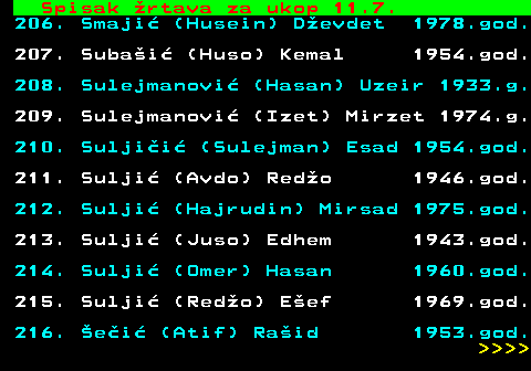 712.73 Spisak �rtava za ukop 11.7. 206. Smaji� (Husein) D�evdet 1978.god. 207. Suba�i� (Huso) Kemal 1954.god. 208. Sulejmanovi� (Hasan) Uzeir 1933.g. 209. Sulejmanovi� (Izet) Mirzet 1974.g. 210. Sulji�i� (Sulejman) Esad 1954.god. 211. Sulji� (Avdo) Red�o 1946.god. 212. Sulji� (Hajrudin) Mirsad 1975.god. 213. Sulji� (Juso) Edhem 1943.god. 214. Sulji� (Omer) Hasan 1960.god. 215. Sulji� (Red�o) E�ef 1969.god. 216. �e�i� (Atif) Ra�id 1953.god.     