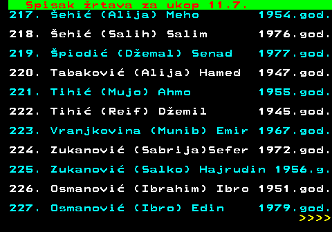 712.74 Spisak �rtava za ukop 11.7. 217. �ehi� (Alija) Meho 1954.god. 218. �ehi� (Salih) Salim 1976.god. 219. �piodi� (D�emal) Senad 1977.god. 220. Tabakovi� (Alija) Hamed 1947.god. 221. Tihi� (Mujo) Ahmo 1955.god. 222. Tihi� (Reif) D�emil 1945.god. 223. Vranjkovina (Munib) Emir 1967.god. 224. Zukanovi� (Sabrija)Sefer 1972.god. 225. Zukanovi� (Salko) Hajrudin 1956.g. 226. Osmanovi� (Ibrahim) Ibro 1951.god. 227. Osmanovi� (Ibro) Edin 1979.god.     