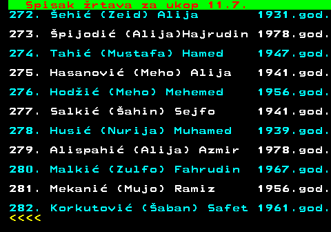 712.79 Spisak �rtava za ukop 11.7. 272. �ehi� (Zeid) Alija 1931.god. 273. �pijodi� (Alija)Hajrudin 1978.god. 274. Tahi� (Mustafa) Hamed 1947.god. 275. Hasanovi� (Meho) Alija 1941.god. 276. Hod�i� (Meho) Mehemed 1956.god. 277. Salki� (�ahin) Sejfo 1941.god. 278. Husi� (Nurija) Muhamed 1939.god. 279. Alispahi� (Alija) Azmir 1978.god. 280. Malki� (Zulfo) Fahrudin 1967.god. 281. Mekani� (Mujo) Ramiz 1956.god. 282. Korkutovi� (�aban) Safet 1961.god.     