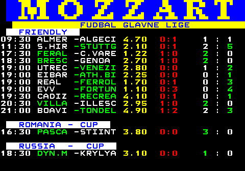 775.2 FUDBAL GLAVNE LIGE FRIENDLY 09:30 ALMER -ALGECI 4.70 0:1 1 : 1 11:30 S.HIR -STUTTG 2.10 0:1 2 : 5 17:30 FERAL -C.VARE 1.22 1:0 2 : 0 18:30 BRESC -GENOA 2.70 1:0 2 : 0 19:00 UTREC -VENEZI 2.80 0:0 1 : 2 19:00 EIBAR -ATH.BI 2.25 0:0 0 : 1 19:00 REAL -FERROL 1.70 0:1 0 : 3 19:00 EVV -FORTUN 1.10 0:3 0 : 4 19:30 CADIZ -RECREA 4.10 0:1 0 : 1 20:30 VILLA -ILLESC 2.95 1:0 2 : 0 21:00 BOAVI -TONDEL 4.90 1:2 2 : 3 ROMANIA - CUP 16:30 PASCA -STIINT 3.80 0:0 3 : 0 RUSSIA - CUP 18:30 DYN.M -KRYLYA 3.10 0:0 1 : 0